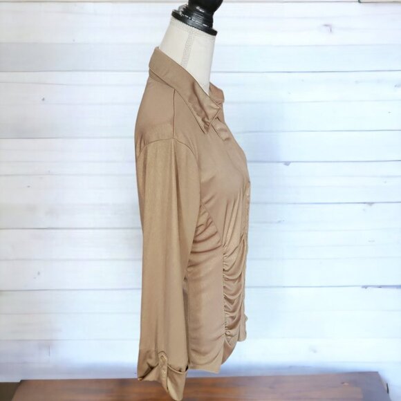 INC Metallic Gold Long Sleeve Elegant Evening Blouse with Ruching in Size XL - Picture 3 of 5